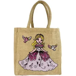 Domelo Kinder Handtasche Mädchen Jute Tasche klein Schultertasche mit Prinzessin - Beige/Bunt