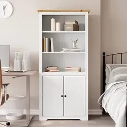 vidaXL Bücherregal BODO in Weiß und Braun - Klassisches Regalsystem aus massivem Kiefernholz, bietet reichlich Stauraum mit 3 offenen Fächern und 2 praktischen Türen. Ideal für eine charmante französische Note in deinem Zuhause.