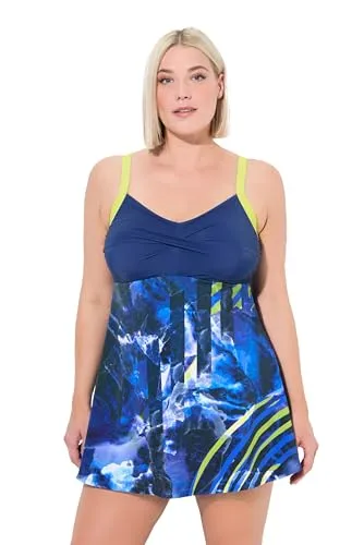 Ulla Popken Damen Plus Size Badekleid mit Softcups - Elegantes Badekleid in Marine mit unsichtbar eingearbeitetem Badeanzug, verstellbaren Trägern und Softcups. Hergestellt aus recyceltem Material für umweltbewusste Entscheidungen.