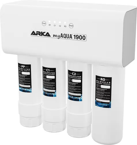 Umkehrosmoseanlage ARKA myAQUA 1900 l/Tag - Hochleistungswasserfilter für Aquarien - Wasseraufbereitung für Aquarien - Entfernt 99% Schadstoffe, Salze & Bakterien, liefert bis zu 1900 l/Tag und bietet eine einfache Filterwechselanzeige.