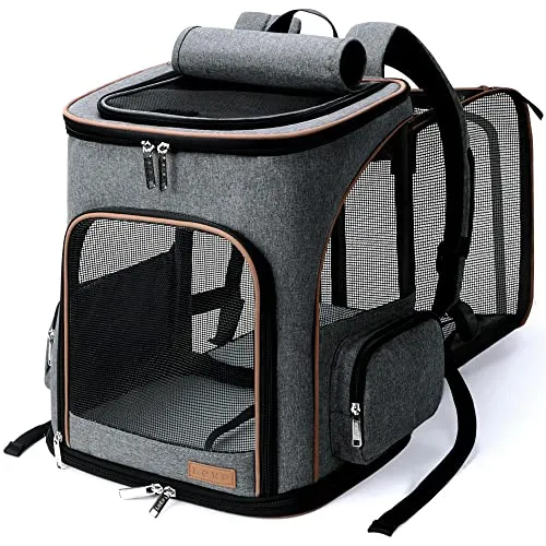 Lekesky Groß Katzenrucksack Hunderucksack für Katzen und Hunde bis 8-10kg, Erweiterbar Faltbare Haustier Rucksack mit Innerer Sicherheitsleine und 2 Haustiermatte, Grau