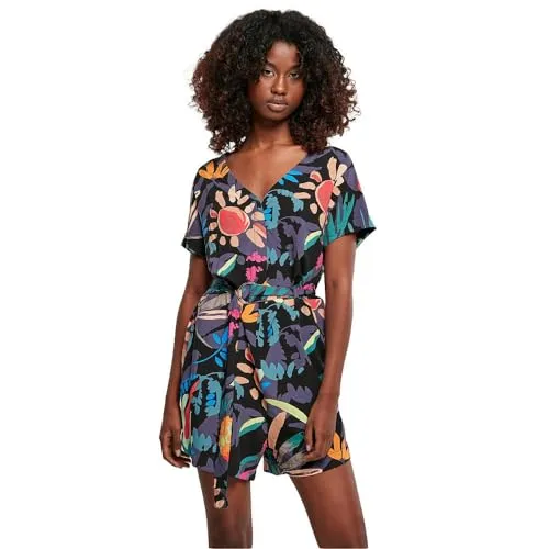 Urban Classics Damen Ladies Short Viscose Belt Jumpsuit blackfruity, 5XL - Stylischer Kurzoverall für Damen in lockerer Passform mit Gürtel. Hergestellt aus leichtem Viskosematerial, ideal für lässige Anlässe und den Sommer.