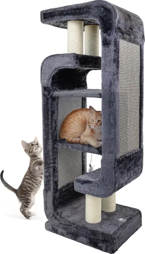 Design Kratzbaum Steve - Anthrazit, 130 cm Höhe für Katzen - Der Kratzbaum Steve kombiniert modernes Design und Funktionalität. Mit 130 cm Höhe bietet er viel Platz zum Klettern und Kratzen und schützt deine Möbel. Perfekt für aktive Katzen, die Herausforderungen lieben!