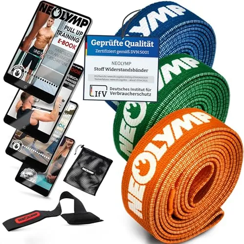 NEOLYMP Trainingsband Fitnessbänder - Widerstandsbänder für Muskelaufbau - Fitnessbänder aus Baumwolle, waschbar und rutschfest. Ideal für jedes Fitnesslevel, mit Widerstand von 5 kg bis 60 kg, inklusive E-Book für effektives Training.