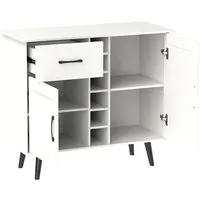Costway Sideboard Holz Weiß 90 x 40 x 79 cm mit Weinregal - Verschönern Sie Ihr Zuhause mit diesem eleganten Sideboard! Es bietet viel Stauraum mit 2 Türen, einer Schublade und einem 6-Flaschen-Weinregal. Ideal für Getränke und Dekorationen, stabil und sicher durch Kippschutz.