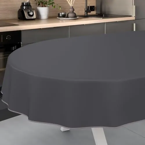 ANRO Wachstuch Tischdecke UNI abwaschbar - Anthrazit Oval 200x140cm - Tischdecken, wasserabweisend und pflegeleicht in Textil-Optik, ideal für Indoor und Outdoor, perfekt für Garten und Camping.