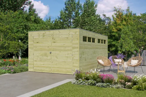 Fjordholz Holzgarage Modell QB-Line 15,30 m² - Robuste Holzgarage QB-Line 15,30 m² aus 28mm nordischer Fichte, wetterfestes Dach und modernes Design. Ideal für die sichere Lagerung Ihrer Gartenutensilien.