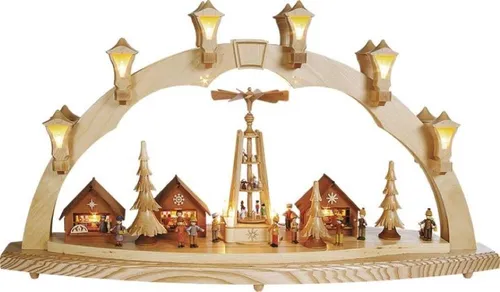 Richard Glaesser Schwibbogen Weihnachtsmarkt mit Pyramide - Schwibbogen aus Holz, 43 cm hoch, mit elektrischen Kerzen für stimmungsvolle Beleuchtung im Advent. Handwerkskunst aus dem Erzgebirge, ideal für festliche Fensterdekoration.