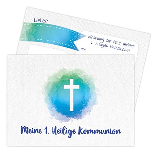 Papierdrachen 12 Einladungskarten zur Kommunion - Motiv Kreuz blau - Einladung zur Heiligen Kommunion für Mädchen und Jungen - DIN A6 - Set 5