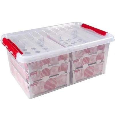 SUNWARE Q-Line Weihnachtsbox - 45 L mit Tabletts für 98 Weihnachtskugeln - transparent/rot