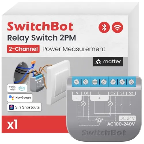 SwitchBot Wlan Schalter 2PM mit Bluetooth Repeater - Kompakter Smart-Relais-Schalter für die einfache Steuerung von Geräten via Alexa, Apple Home und Google Home. Überwachen Sie den Energieverbrauch und automatisieren Sie Ihre Beleuchtung ohne Neuverkabelung.