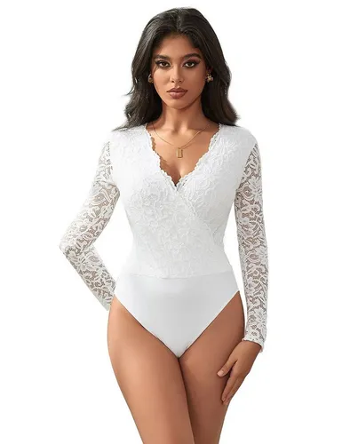 Lau-Fashion Body Langarm Spitze Bodysuits Weiß Unterwäsche Blumen Reizwäsche S/XL