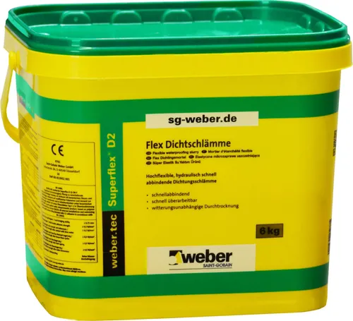 weber.tec Superflex D2 Flex Dichtungsschlämme 2K – 6 kg - Hochflexible 2K Dichtungsschlämme für die flexible Abdichtung von Kelleraußenwänden und Fundamenten. Schnellabbindend, nach 90 Minuten überarbeitbar und für mineralische Untergründe geeignet.
