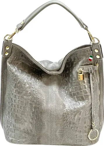FLORENCE Beuteltasche - Echtleder grau mit Kroko-Prägung - Beuteltaschen für Damen aus hochwertigem Echtleder, stilvolles Design mit Kroko-Prägung, ideal für den täglichen Gebrauch.