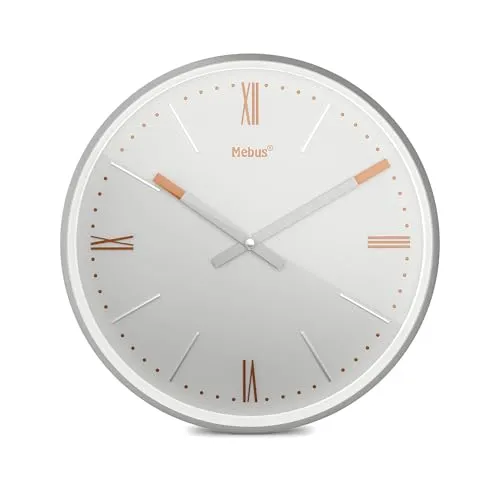 Wanduhr TinyTime mit römischen Ziffern | Wanduhr ohne Tickgeräusche | Durchmesser 25 cm | klassisches Zifferblatt in Hellgrau | Silbernes Gehäuse | Kupferfarbene Akzente, 19779