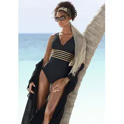 Badeanzug LASCANA "Elodie" Damen Gr. 48 Cup D - Eleganter Badeanzug in Schwarz-Gold, aus Recycling-Polyamid mit glänzenden Einsätzen. Ideal für eine formende Silhouette dank Softcups und Miedereinsatz. Perfekt für Strand und Pool!