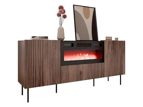 MIRJAN24 Kommode Tacos 180 mit Kamin - Moderne Kommode mit realistischem LED-Kamin und Heizfunktion, ideal für ein gemütliches Wohnzimmer. Maße: 181x81x42 cm, inklusive Fernbedienung und Deko-Kristallen für ein attraktives Flammenspiel.