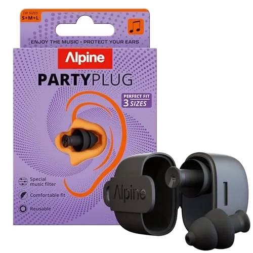 Alpine PartyPlug Gehörschutz Ohrstöpsel für Konzert, Festival, Musik, Party & Disco - Neu und Verbessert - 19dB Lärmschutz - Hohe Musikqualität, Wiederverwendbar, 3 Größen (S/M/L) - Schwarz