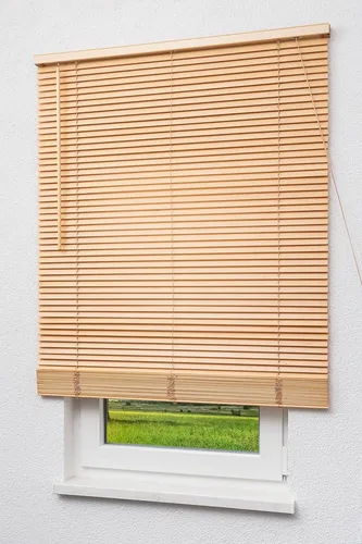 LYSEL® Holzjalousie 25mm Esche in Beige, 130x90cm - Hochwertige Holzjalousie mit 25mm Lamellen, ideal für stilvolle Fensterdekoration. Beigefarben, abdunkelnd und inklusive Montagezubehör für einfache Installation.