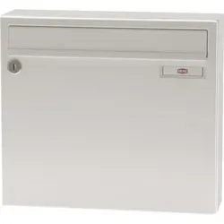Renz Briefkasten Serie 17 mit Namensschild - Robuster Stahlbriefkasten in Weiß (RAL 9016), ideal für den Außenbereich. Maße: 370 x 330 x 100 mm, Einwurfgröße: 335 x 33 mm. Praktisches Namensschild für individuelle Beschriftung.