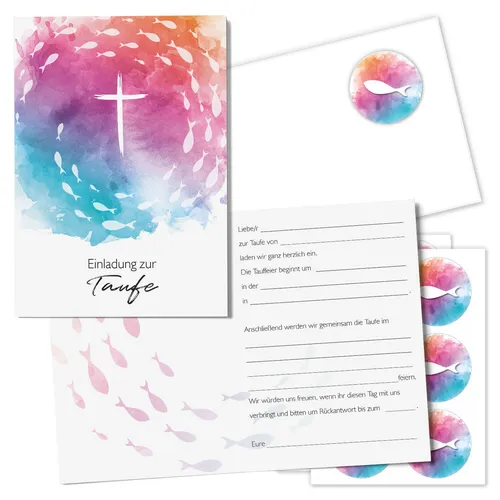 15er Set Einladungskarten zur Taufe - Klappkarten DIN A6 mit Kreuz I dv_1203