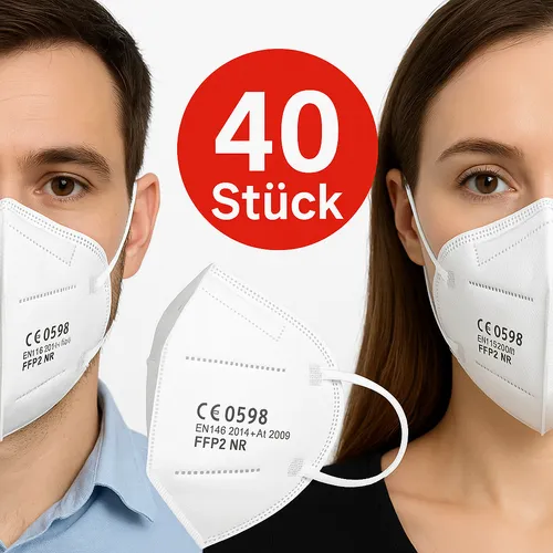 SIMPLECASE 40x FFP2 Maske CE0598 - Mundschutz der Schutzklasse FFP2, 40 Stück im Paket, antibakteriell und antiviral, ideal für sicheren Atemschutz im Alltag.