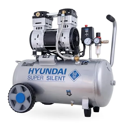 HYUNDAI Silent Kompressor SAC55753 - Leiser 50L Kompressor mit 8bar - Kompressoren: Der HYUNDAI Silent Kompressor SAC55753 überzeugt mit flüsterleisem Betrieb (59dB) und ölfreiem Design für wartungsarmen Einsatz – ideal für empfindliche Anwendungen wie Lackierarbeiten.