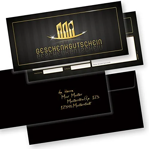 TATMOTIVE Gutscheine Gastronomie - 100 Stück mit Umschlägen - Praktische Geschenkgutscheine für die Gastronomie, einfach ausfüllbar und im edlen Design. Inklusive 100 Briefumschlägen und einem Gold-Lackstift für eine elegante Präsentation.