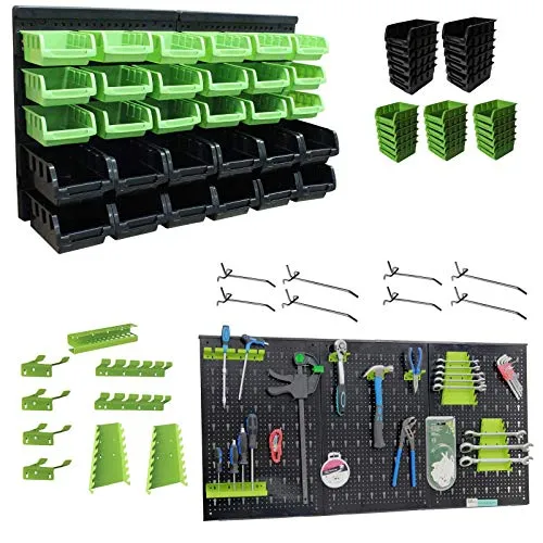 TrutzHolm® Wandregal mit Stapelboxen und Werkzeughalter 52 tlg - Werkzeugwände für optimale Ordnung in der Werkstatt. Unendlich erweiterbar mit 20 tlg. Haken Set und 32 tlg. Stapelboxen für eine flexible Aufbewahrung Ihrer Werkzeuge.