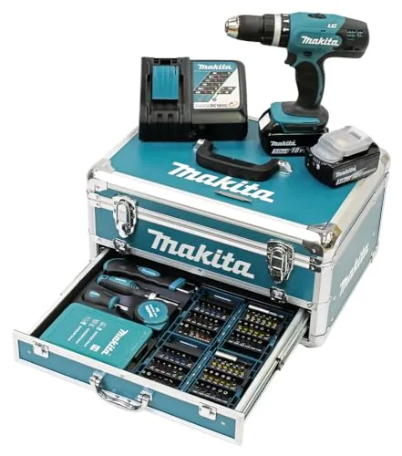 Makita DHP453RFX2 Akku-Schlagbohrschrauber 18 V - Akkuschrauber mit 3,0 Ah Akku im Alukoffer, ideal für präzises Arbeiten dank regelbarer Drehzahl und 16 Drehmomentstufen. Perfekt für Heimwerker und Profis.