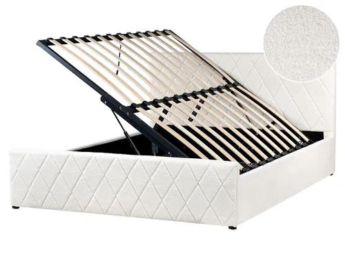 BELIANI Doppelbett Cremeweiß mit Lattenrost 160 x 200 cm – Modernes Bouclé Design - Elegantes Doppelbett in Cremeweiß mit praktischem Stauraum. Das stilvolle Bouclé-Material und das dezente Diamantsteppmuster schaffen eine einladende Atmosphäre. Ideal für jeden Einrichtungsstil und mit komfortablem Lattenrost ausgestattet.