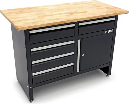 HBM 120 cm Werkbank mit 5 Schubladen und Massivholzarbeitsplatte - Werkstatteinrichtung mit großem Stauraum und robustem Design, ideal für Handwerker und Unternehmen, die eine praktische und professionelle Lösung suchen.