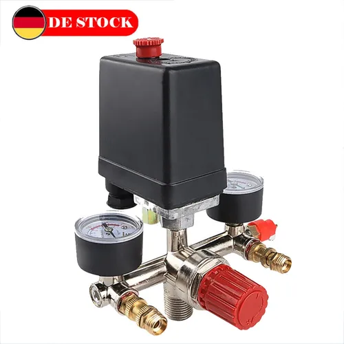 Druckregler mit Druckschalter für Kompressor - 2 Anzeigen & Sicherheitsventil - Sonstige, zuverlässiger Druckschalter mit 2 Messanzeigen für präzise Druckkontrolle bis 8 bar und Sicherheitsventil für optimalen Schutz.