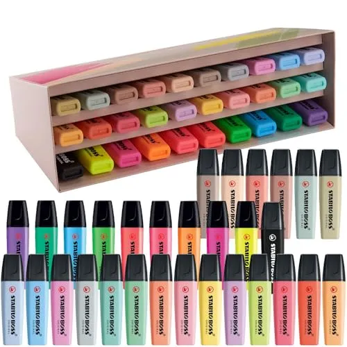 STABILO BOSS ORIGINAL 30er Textmarker Set - 9 Neon, 14 Pastell & 6 Naturtöne - Textmarker Set mit 30 Farben – Ideal zum Markieren, Unterstreichen und für kreative Projekte. Inklusive eleganter Markerhalter für Ordnung und Stil im Büro.