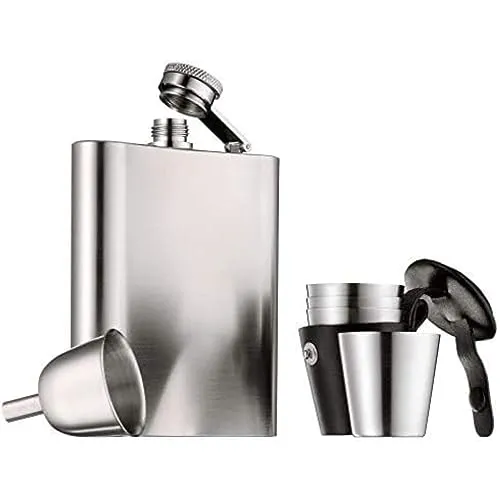 WMF Flachmann Set 6tlg - Edelstahl mattiert mit Schnapsgläsern und Trichter, stilvoll für unterwegs und ideal für Feiern