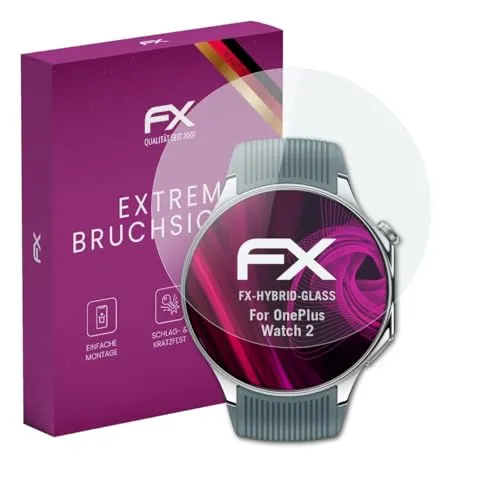 atFoliX Glasfolie kompatibel mit OnePlus Watch 2 Panzerfolie, 9H Hybrid-Glass FX Schutzpanzer Folie