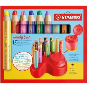 STABILO woody 3in1 Buntstifte - 15 farbsortierte Stifte, ideal für Kinder mit ergonomischem Griff und bruchfester Mine für kreativen Malspaß