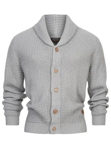 Indicode Herren INBrandox Strickjacke mit Schalkragen - Moderne Herren Strickjacke in Lt Grey, ideal für kühlere Tage. Das grob gestrickte Design sorgt für einen entspannten, stilvollen Look. Regular Fit für optimalen Tragekomfort.