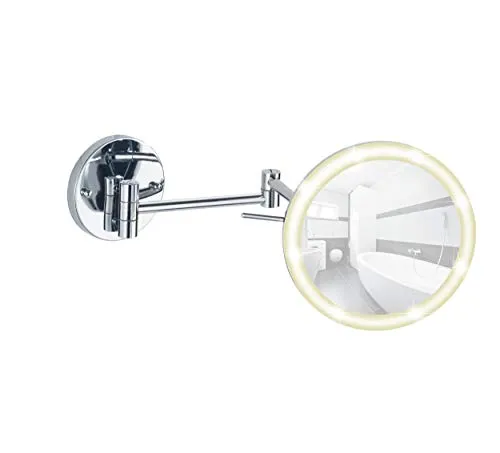 WENKO Power-Loc LED Wandspiegel Aura - 5-fach vergrößert - Badezimmer Wandspiegel mit hochwertigem Acrylrahmen und Power-Loc Befestigungssystem, ideal für einfaches Anbringen ohne Bohren und perfekten Blick dank 500% Vergrößerung.