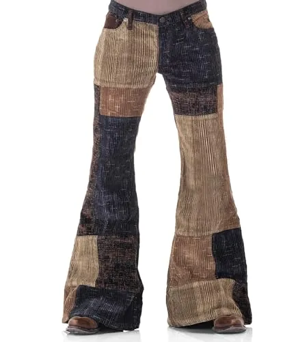 Cord Patchwork 70ger Hippie Damen Schlaghose 36/32 - Damen-Hosen: Authentische 70er Jahre Schlaghose aus hochwertigem Cord-Patchwork, perfekt für stylische Retro-Outfits.