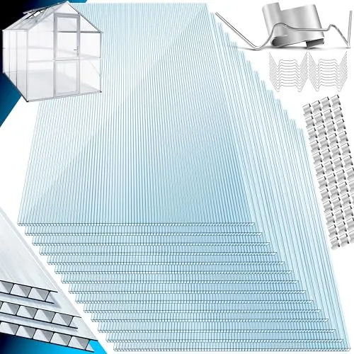 KESSER® 14x Polycarbonat Hohlkammerstegplatten 4mm - Gewächshausklemmen für vielseitige Anwendungen: UV-beständige, stoßsichere Doppelstegplatten, ideal für Gewächshäuser und Carports, inklusive umfangreichem Zubehör für einfache Montage.