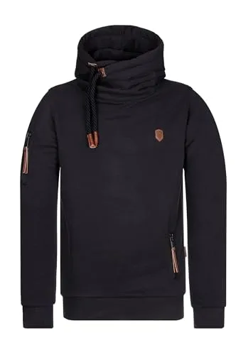 Naketano Herren Kapuzenpullover Pimp Hoodie - Large - Schwarz - Stylischer Kapuzenpullover mit Kordelzug und Rippstrickbündchen. Praktische seitliche Reißverschlusstasche und Kunstlederapplikationen für einen modernen Look.