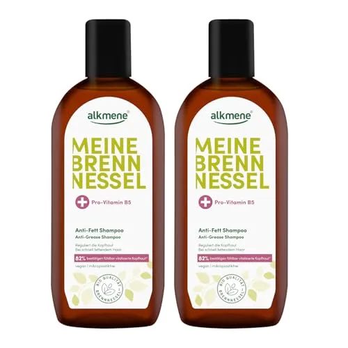 alkmene 2x Shampoo gegen fettige Haare mit Brennnessel 250 ml - Veganes Shampoo fettige Kopfhaut vermindert schnelles Nachfetten - Haarshampoo fettiger Ansatz