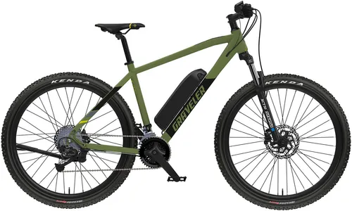 E-Bike PROPHETE "Graveler 27.5" Gr. 48, grün - E-Bike für unbeschwertes Mountainbiking mit 27,5-Zoll-Reifen und 100 km Reichweite. Ausgestattet mit einem kraftvollen Blaupunkt-Hinterradmotor und hydraulischen Scheibenbremsen für sicheres Fahren.