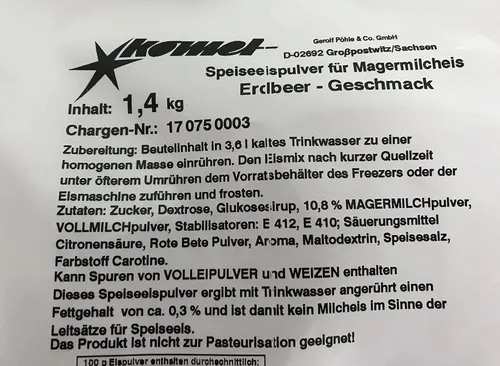 Komet Erdbeer 1,4 Kg Eispulver Softeispulver Speiseeispulver Eismaschine