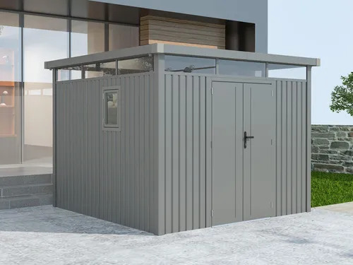 StarLine Metall Gerätehaus Modell Style 7,56 m² Grau - Stylisches Metall Gerätehaus mit 7,56 m², ideal für die Lagerung von Gartenutensilien. Das innovative Lichtband sorgt für Tageslicht und die abschließbare Doppeltür garantiert sicheren Stauraum.