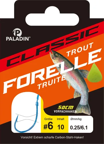 Paladin Forellenhaken gebunden Größe 6 - 50 cm 10 Stück blau carbon stahl