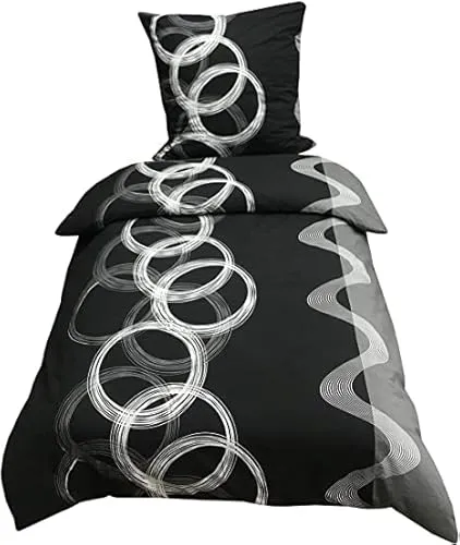 Leonado Vicenti Winter Bettwäsche 155x220 Thermo Fleece Flausch Garnitur Warm Deckenbezug Kissenbezug Bezug Schwarz Grau Kreise 2 TLG