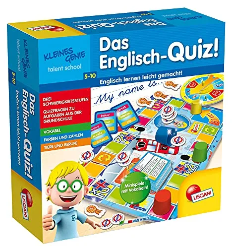 Lisciani DE48892 - Das Englisch Quiz - Gesellschaftsspiel für Grundschüler, fördert spielerisch das Englischlernen mit Minispielen und Spielfiguren auf dem Spielplan.