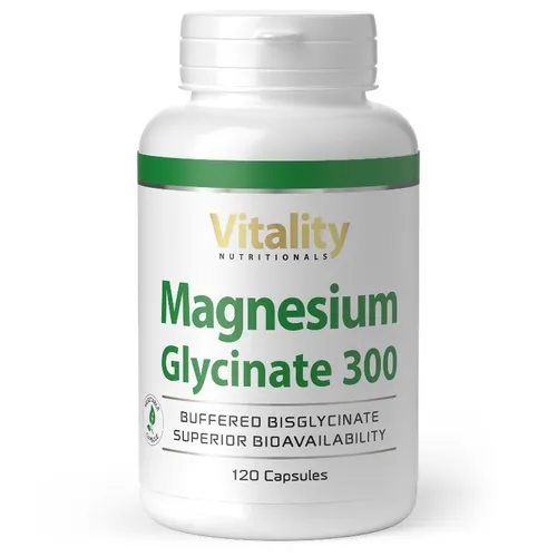 Magnesium Glycinat 300 von Vitality Nutritionals - Hoch bioverfügbares Magnesiumpräparat für optimale Aufnahme und exzellente Verträglichkeit, ideal für empfindliche Personen und zur Stressreduktion.